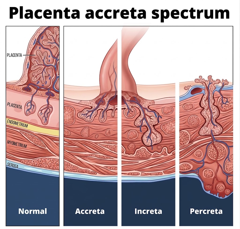 Cross-sectional illustration comparing normal placentation with placenta accreta, increta, and percreta. Normal: the placenta rests on the endometrium above intact myometrium and serosa. Accreta: villi attach directly to myometrium with the decidual layer absent. Increta: villi invade deep into the myometrium. Percreta: villi penetrate through the full myometrial thickness and serosa and may involve the bladder.